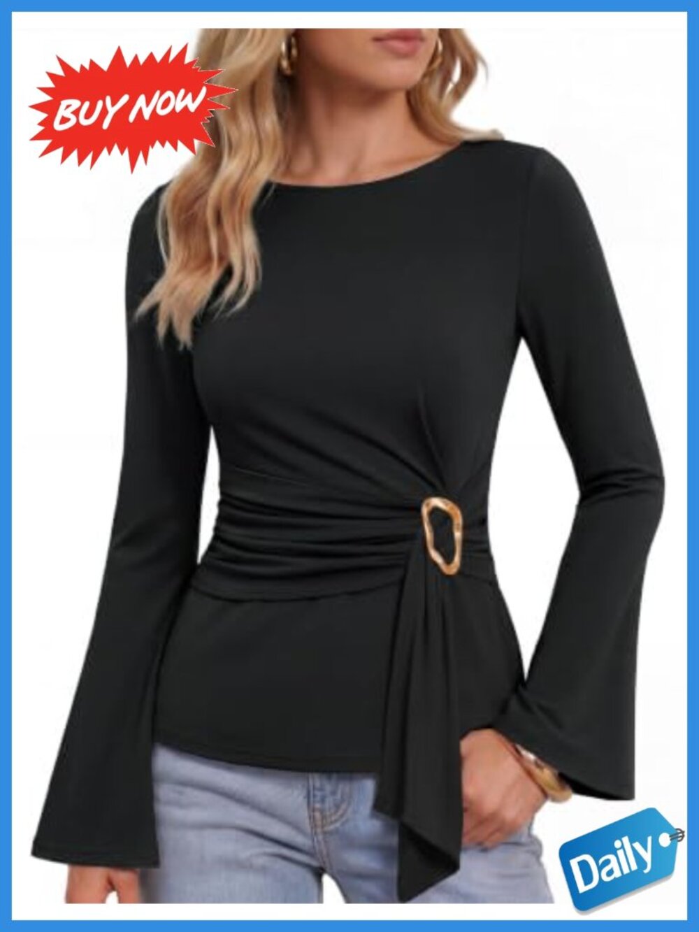 Womens Long Sleeve Tie Waist Business Casual Top Ruched Blouse